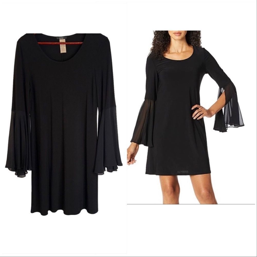 MSK Womens M Solid Black Mixed Media Flowy Bell Sleeve‎ Sleek Cocktail Dress